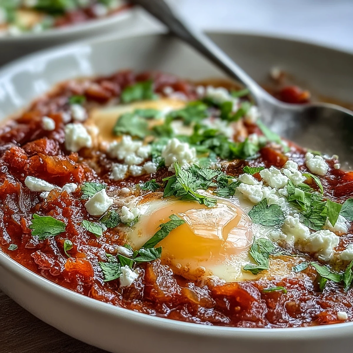 Vibrant Shakshuka Bowl with poached eggs in a spiced tomato and pepper sauce, ready to serve.