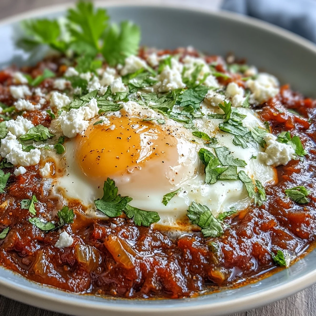 Savory Shakshuka Bowl featuring runny yolks, fresh cilantro, and warm pita bread for dipping.