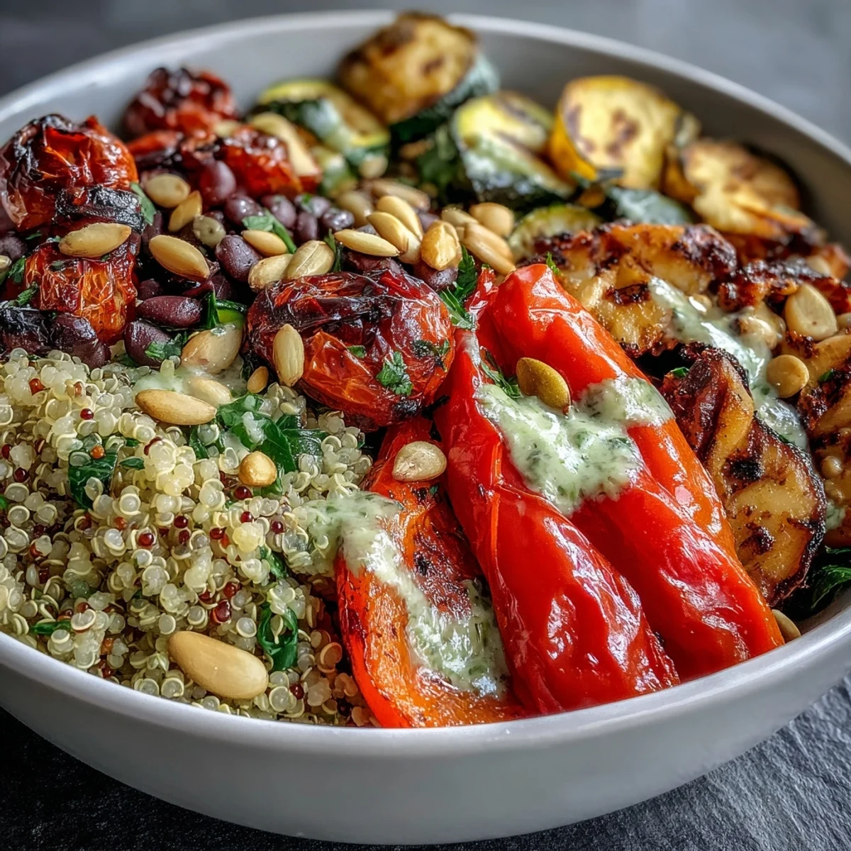 A close-up of a hearty Veggie and Quinoa Power Bowl topped with crunchy nuts and zesty lemon vinaigrette.
