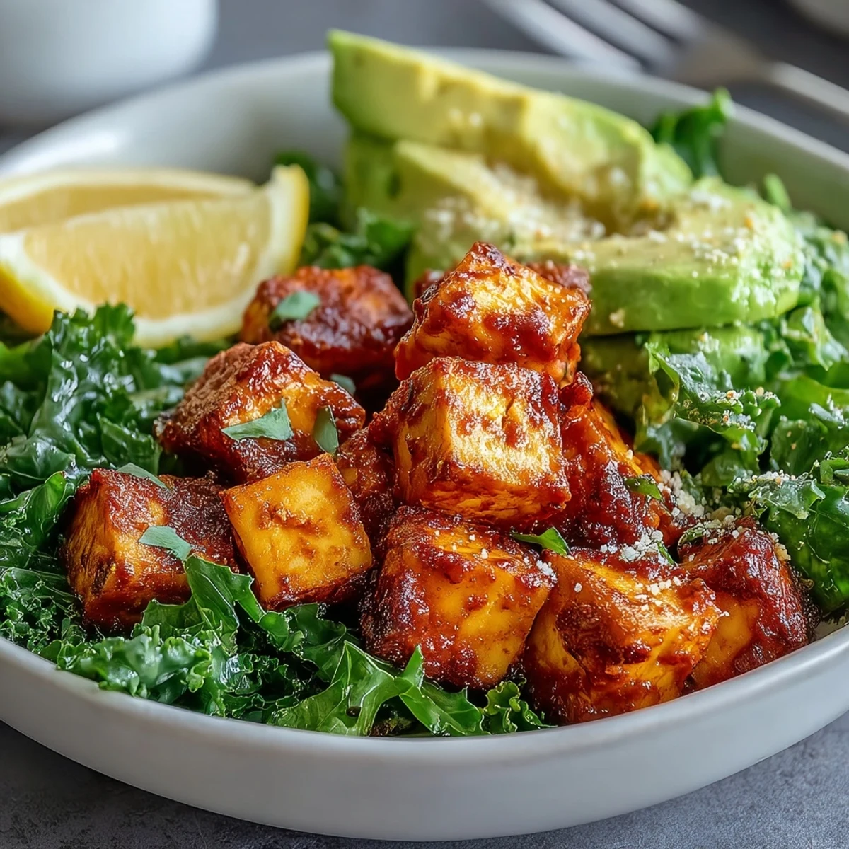 Golden tofu cubes and sautéed kale top this hearty Tofu Breakfast Bowl, garnished with creamy avocado slices for a nourishing vegan meal.