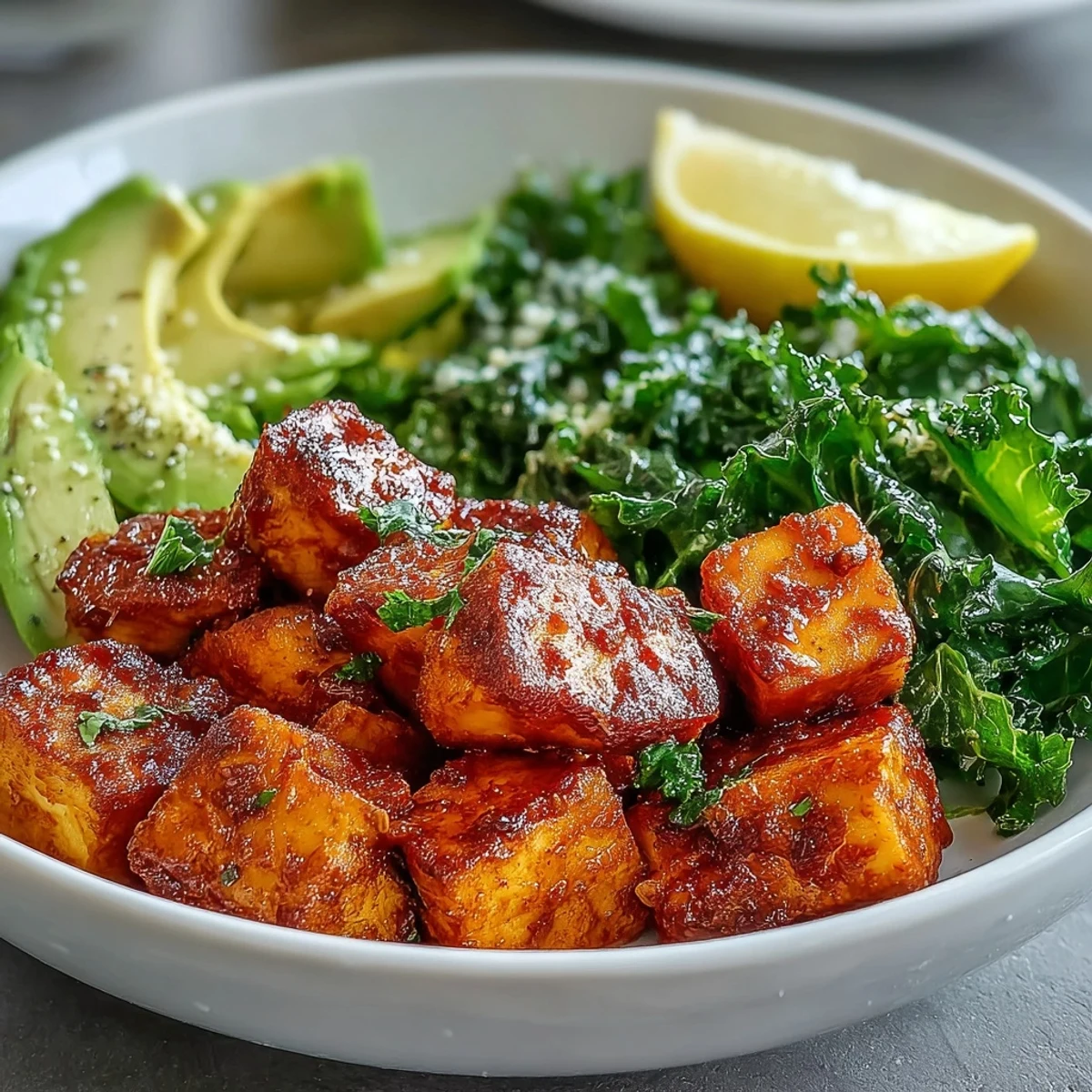 Plated Tofu Breakfast Bowl featuring crispy turmeric tofu, wilted kale, and avocado, ready to be squeezed with lemon for zest.