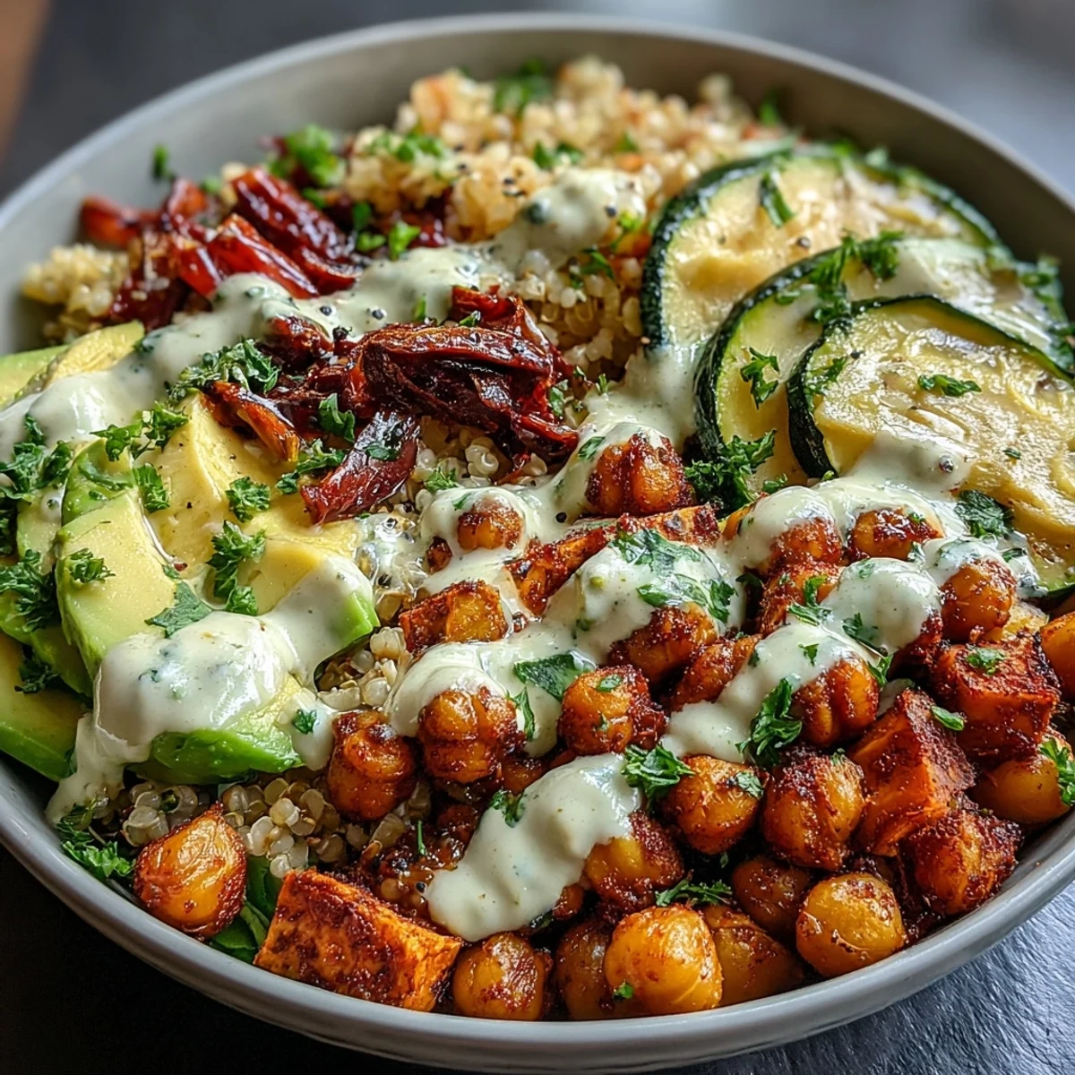 A healthy vegan Roasted Chickpea Power Bowl featuring quinoa, sweet potatoes, and avocado slices on a bed of fresh baby spinach.