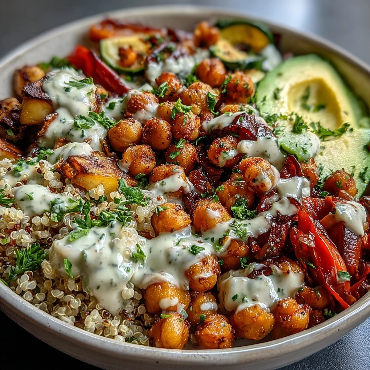 Crispy roasted chickpeas and roasted vegetables on grains in a Roasted Chickpea Power Bowl topped with creamy tahini dressing.