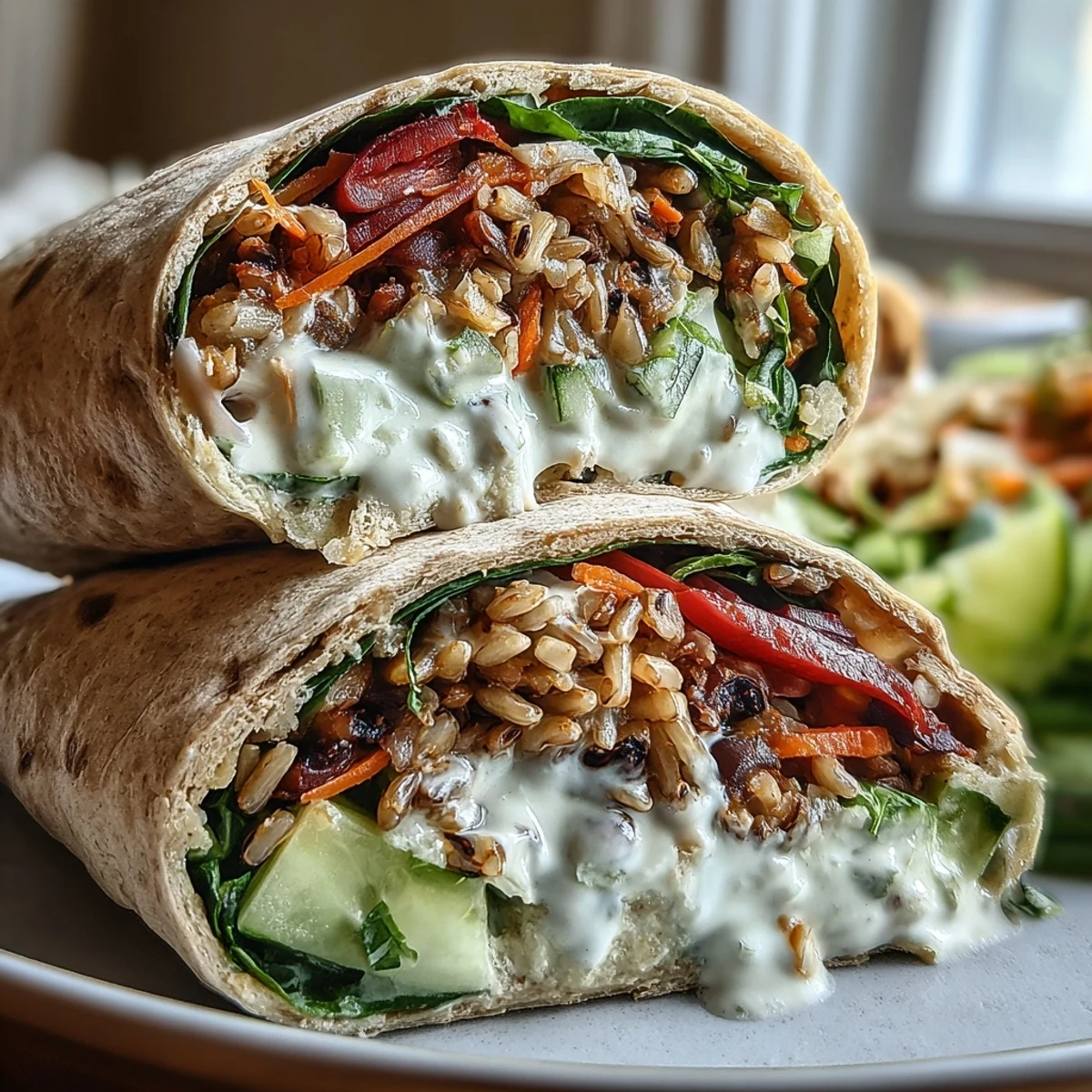Crisp vegetables and fluffy quinoa stuffed in a tortilla with black-eyed pea wraps, drizzled with lemon tahini sauce on a rustic board.