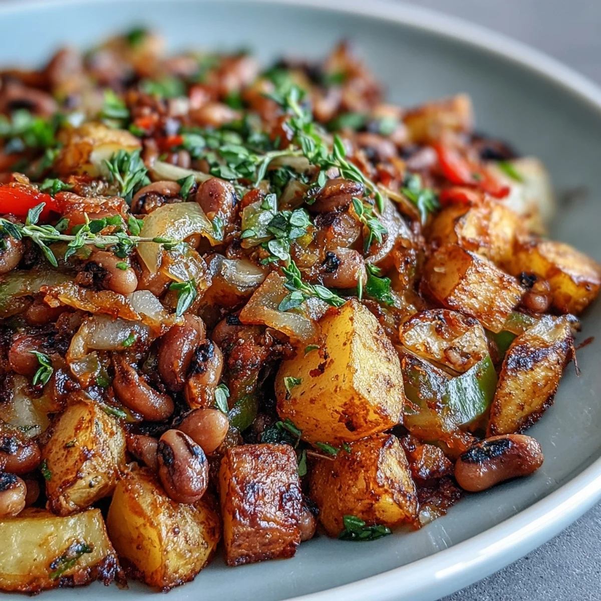 Warm skillet of black-eyed pea hash topped with fresh green onions, ready to enjoy as a savory side or light main.
