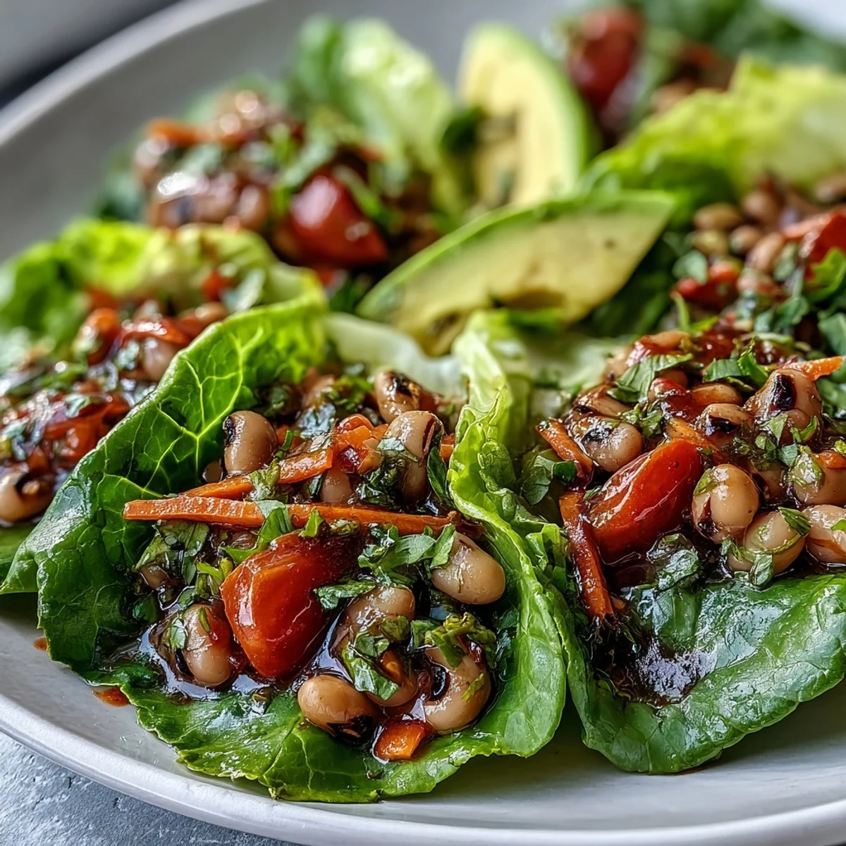 Crisp butter lettuce cups filled with seasoned Black-Eyed Pea Lettuce Wraps, topped with avocado and fresh herbs.