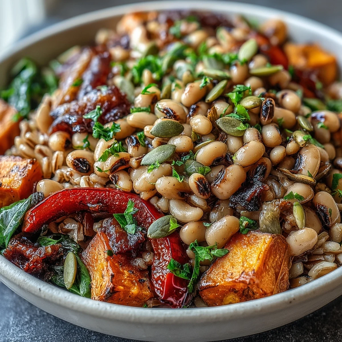 A vibrant Black-Eyed Pea Grain Bowl features zucchini, bell pepper, and fresh parsley garnish.