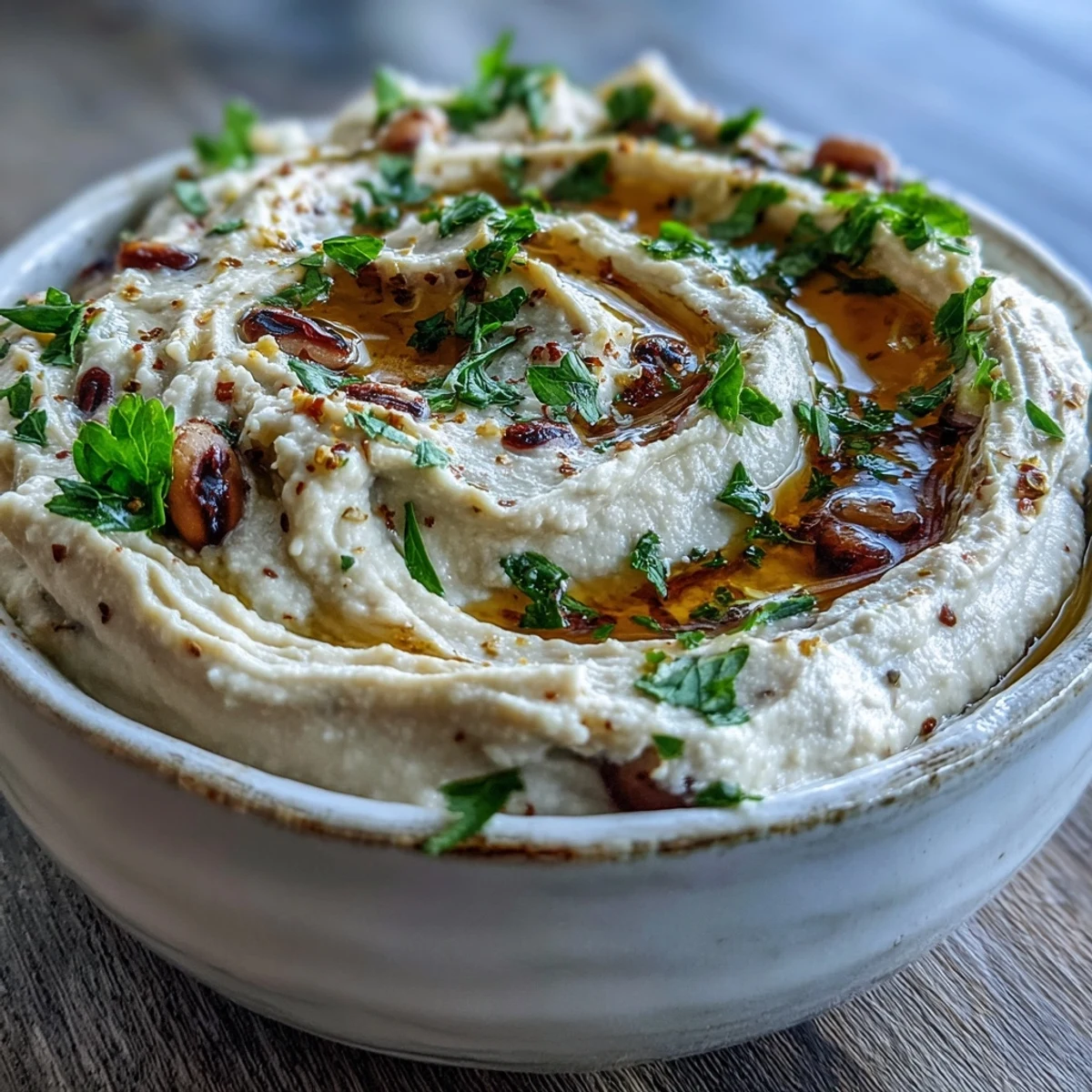 Creamy smashed black-eyed peas dip topped with fresh parsley, ready for pita chips or fresh veggies.