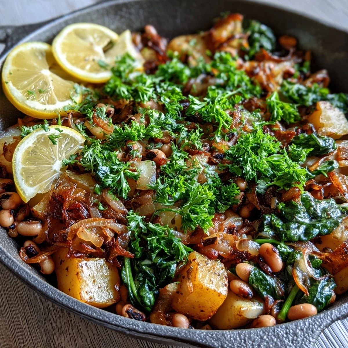 Sizzling Black-Eyed Pea Skillet Dinner with golden potatoes and wilted spinach in a cast iron pan.