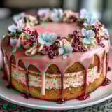 Elegant vanilla layer cake featuring smooth pink gradient frosting and fresh floral accents.