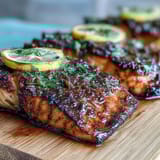 Cedar plank salmon with lemon and dill, grilled to smoky perfection and garnished with fresh herbs.