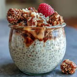 Layered lemon chia parfait featuring zesty lemon chia pudding, fresh raspberry compote, and golden granola in a parfait jar.