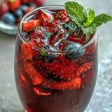 Overflowing glass of iced hibiscus berry tea, visually stunning with fruit slices.