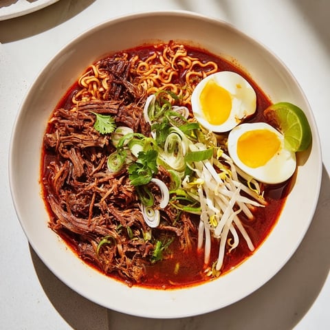 Steaming bowls of Chaos Cooking birria ramen brimming with tender beef and fresh toppings.