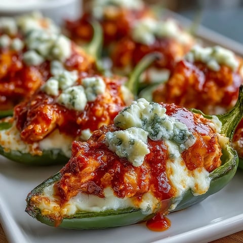 Golden-baked Buffalo Wing Poppers with melted blue cheese and vibrant green jalapeños on a rustic board, ready for game day.  