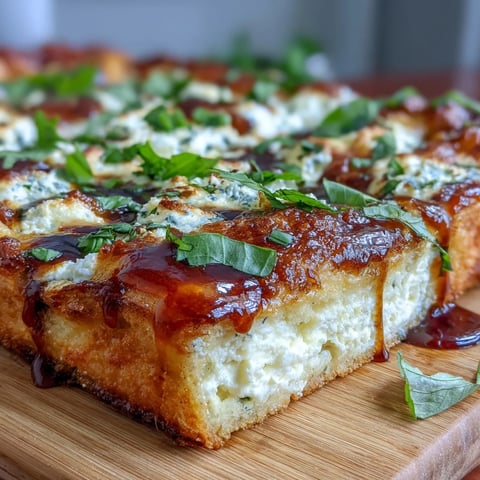 Golden-brown Hot Honey Ricotta Pizza with bubbling mozzarella and fresh basil on a rustic wooden board.