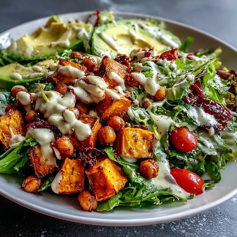 Bright roasted sweet potato cubes and crispy chickpeas top mixed greens and avocado in a hearty Breakfast Buddha Bowl, finished with creamy tahini dressing.