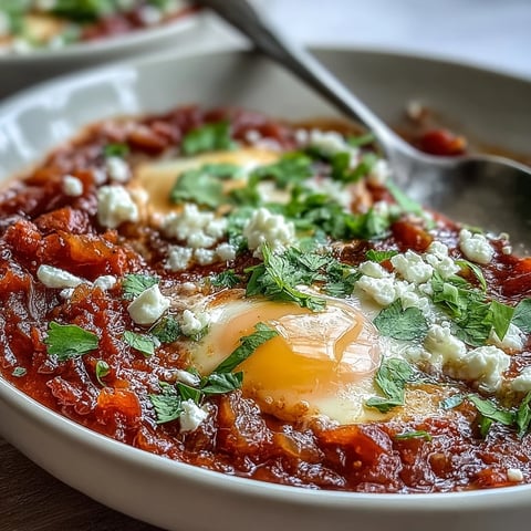 Vibrant Shakshuka Bowl with poached eggs in a spiced tomato and pepper sauce, ready to serve.