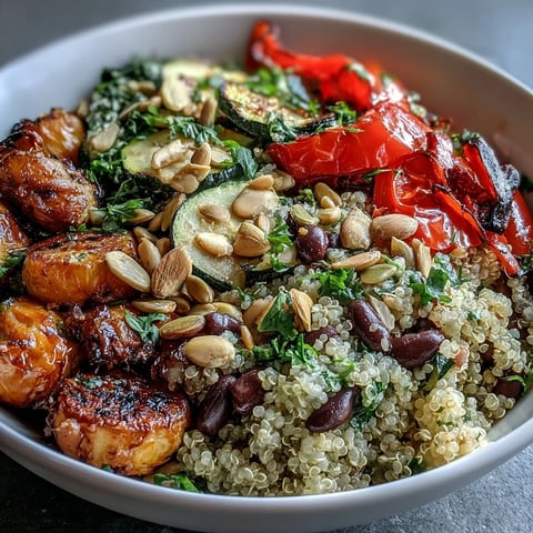 Fluffy quinoa and colorful roasted vegetables create a vibrant Veggie and Quinoa Power Bowl ready to serve.