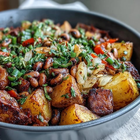 Golden roasted black-eyed pea hash with diced Yukon Gold potatoes, red and green peppers, and fresh parsley garnish.