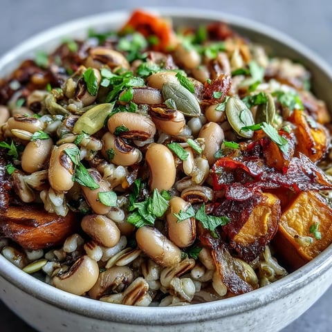 Golden roasted sweet potato and red onion top a hearty Black-Eyed Pea Grain Bowl with farro.