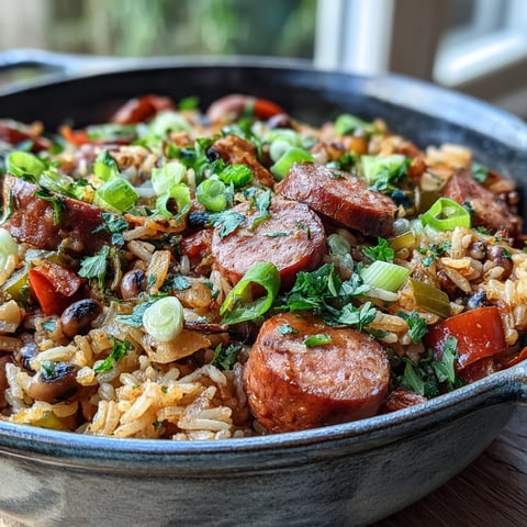 A vibrant serving of Black-Eyed Pea Jambalaya with sausage, peppers, and fluffy rice