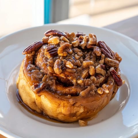 A close-up of decadent pecan and honey sticky buns, showcasing the gooey caramel and nuts.