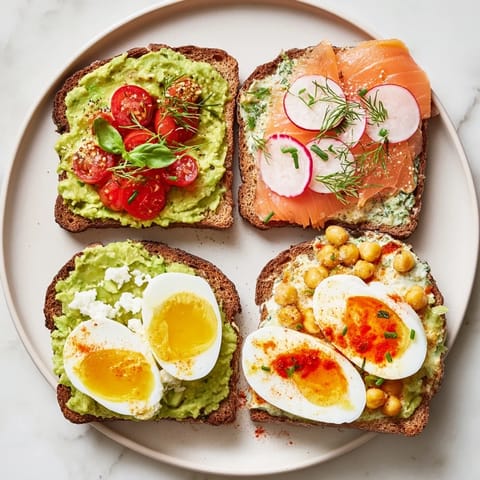 Showcasing vibrant avocado toast variations: tomato basil, smoked salmon, chickpea radish, and egg.