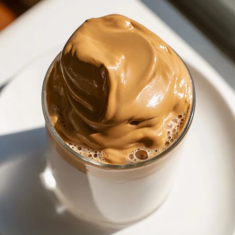 A close-up of a rich brown sugar Dalgona latte, showing the perfect whipped coffee texture atop fresh cold milk.