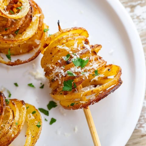 Savory tornado potatoes, freshly baked with a dusting of herbs; a delicious vegetarian side.