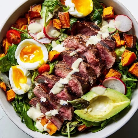 A delicious High-Protein Beef Avocado Bowl featuring tender beef and a rich, creamy avocado drizzle.