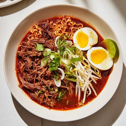 Steaming bowls of Chaos Cooking birria ramen brimming with tender beef and fresh toppings.