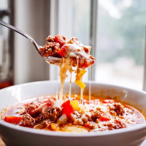 A warm bowl of Pizza Soup with melted mozzarella, Italian sausage, and a rich red tomato broth, garnished with fresh basil.