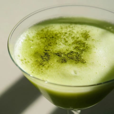 Chilled martini glass holding a creamy green Matcha Martini Cocktail, topped with white chocolate shavings.