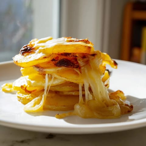 A close-up of bubbling cheese topping on French Onion Soup Potatoes, garnished with fresh parsley, served as a savory side dish.