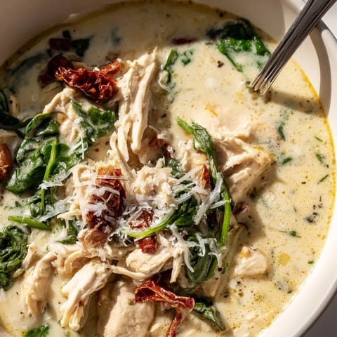 Hearty Creamy Tuscan Chicken Soup served in a rustic ceramic bowl, showcasing shredded chicken, vibrant spinach, and colorful sun-dried tomatoes swimming in a creamy herb broth.