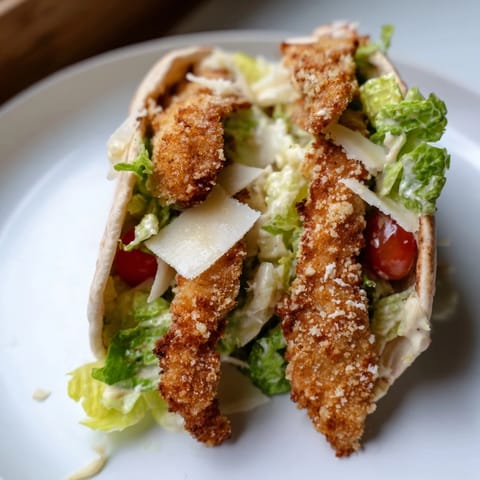 Crispy Chicken Caesar Pita stuffed with crunchy lettuce, shaved Parmesan, and juicy cherry tomatoes for a handheld Mediterranean meal.  