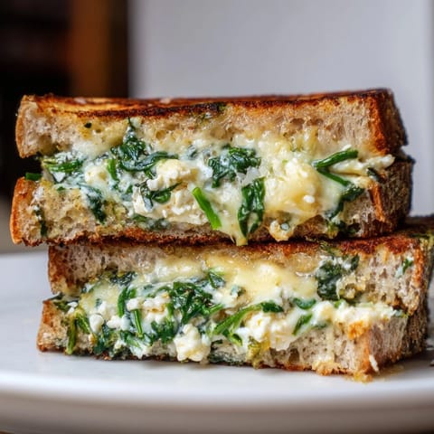 Feta & Spinach Stuffed Grilled Cheese on a white plate, paired with a creamy bowl of tomato soup for a cozy lunch.