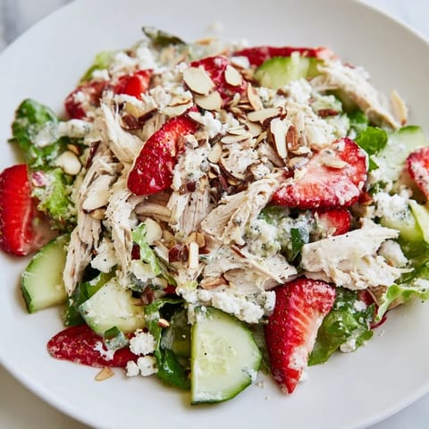 This Strawberry Poppy Seed Chicken Salad combines tender shredded chicken, sweet berries, and toasted almonds over mixed greens.  
