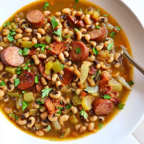Hearty Southern-Style Black-Eyed Peas served in a rustic bowl, garnished with fresh parsley and a side of hot sauce.  