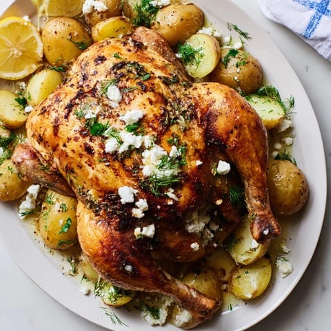 Roasted chicken with pot potatoes baked until golden, finished with fresh dill, parsley, and tangy feta.