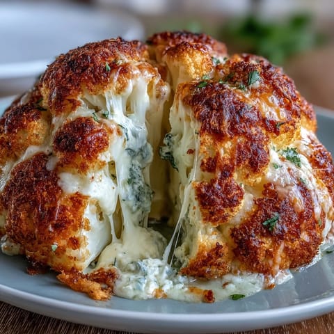Stunning Cheesy Stuffed Cauliflower Head, baked until tender, ready for a hearty vegetarian meal.