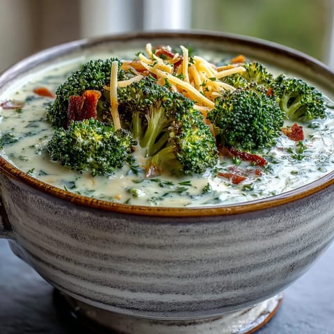 Golden roasted broccoli florets and creamy cheddar soup in a white bowl, with a slice of crusty bread.