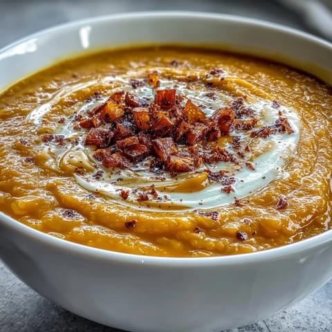 Close-up of creamy Butternut Squash and Lentil Soup with roasted squash cubes and a rustic bread slice.