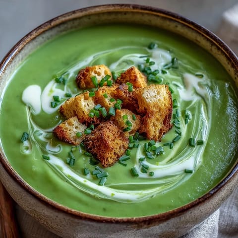 A bowl of velvety Cream of Broccoli Soup garnished with a drizzle of cream for dinner.