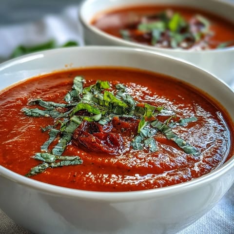 Freshly roasted tomatoes and caramelized onions blend into a silky Roasted Tomato Basil Soup, garnished with cream and basil.