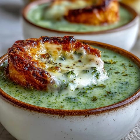Velvety Creamy Broccoli and Butternut Squash Soup With Pastries in a rustic bowl, garnished with thyme and ready to serve.