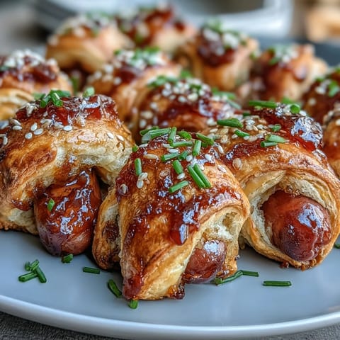 A close-up of a Pepper Jelly Hogs in a Blanket on a wooden board, ready for a party platter. 