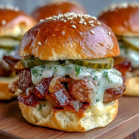 Golden-brown bratwurst patties smothered in beer cheese sauce on soft slider buns. Touchdown Brat Sliders served with caramelized onions and pickles.  