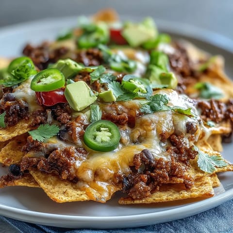 A close-up of baked nachos with melted cheddar and Monterey Jack, topped with jalapeños, black beans, and fresh cilantro.  